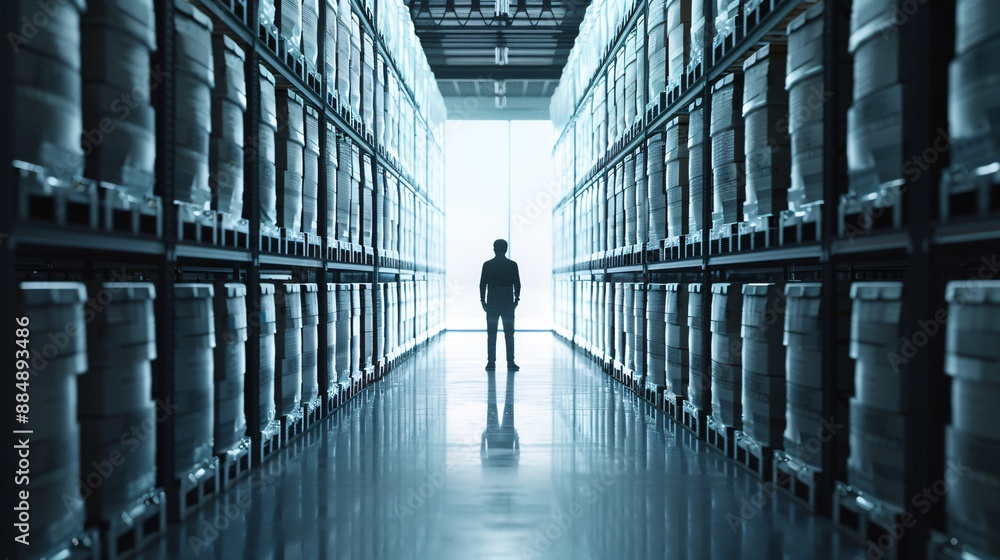 Poster a silhouette of a manager is seen at the far end of a warehouse, with cargo arranged in neat rows. t
