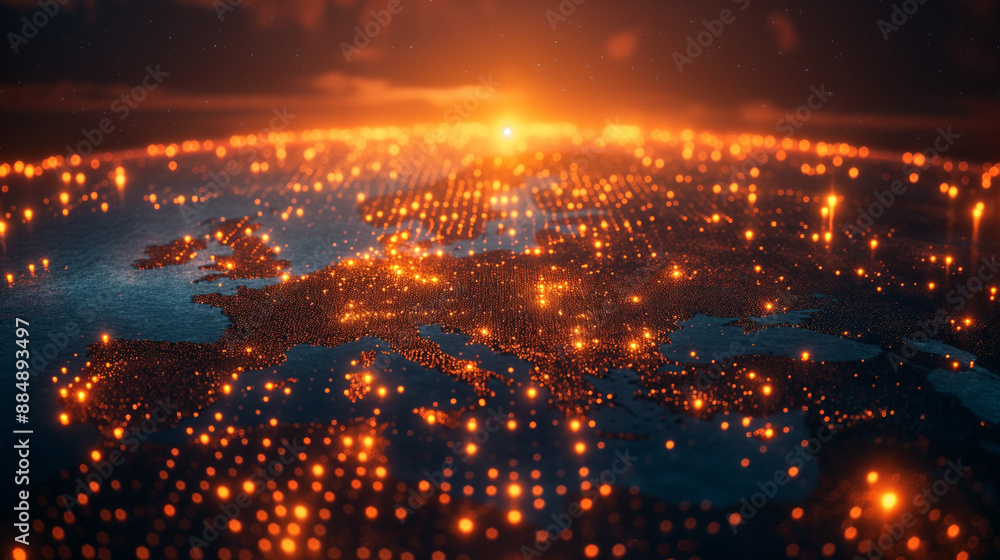 Poster earth (focus on europe) represented by little dots, binary code and lines - big data, global busines