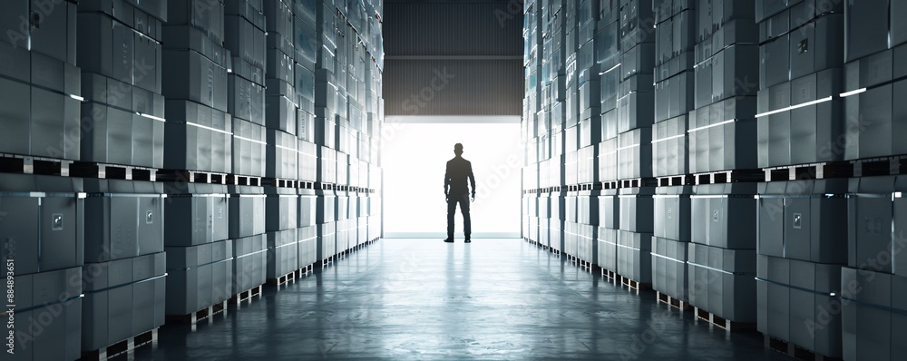 Poster in a spacious storage facility, the silhouette of a manager is seen walking between towering stacks 
