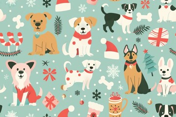 Cute cartoon dogs of different breeds and Christmas decorations, candy, gifts, garlands, cookies, bone. dog on winter holidays. Seamless pattern