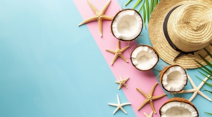 Chunks of coconut, straw hats and starfish on a colorful background with copy space for text in the style of a summer vacation concept