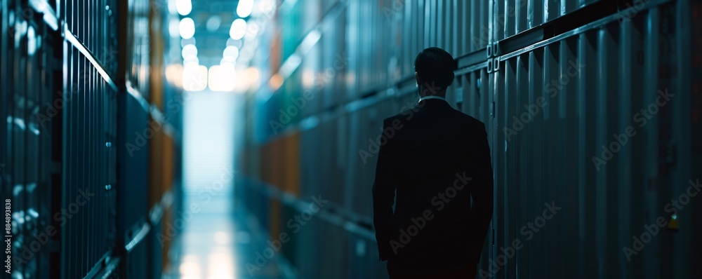 Poster in a dimly lit storage facility, the silhouette of a manager stands next to a stack of cargo, creati