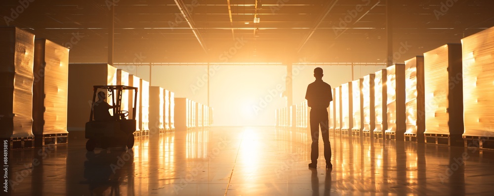 Poster a silhouette of a manager stands near a forklift in a warehouse, with rows of cargo creating a sense