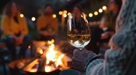 close up of wine glass in hand, sitting by fire pit at outdoor party with friends dancing and laughing in the background