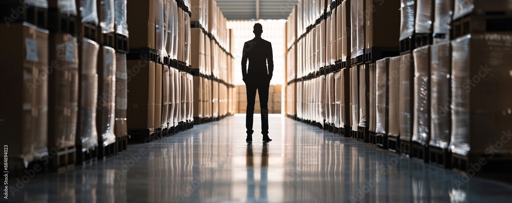 Aufkleber the silhouette of a manager stands in a warehouse aisle, surrounded by towering stacks of cargo. the