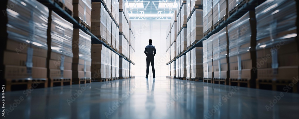 Aufkleber the silhouette of a manager stands in a warehouse aisle, surrounded by towering stacks of cargo. the
