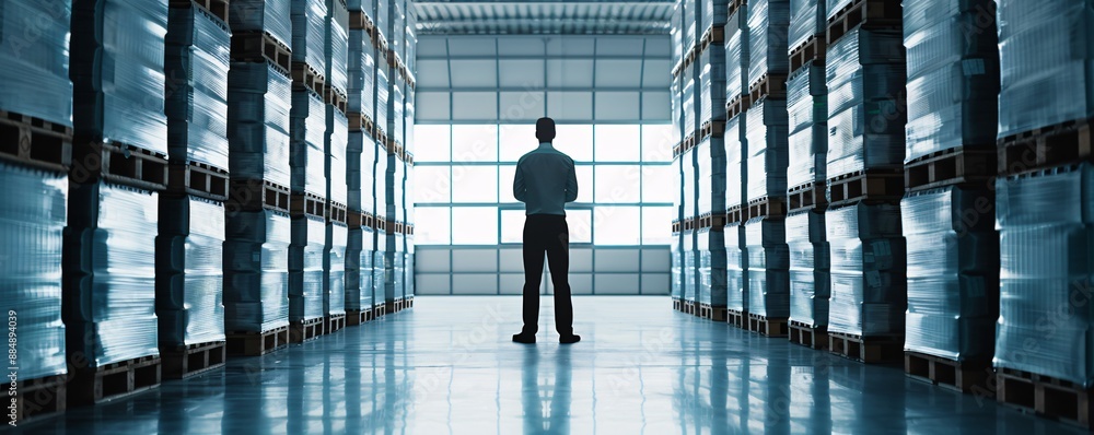 Poster the silhouette of a manager stands in a warehouse aisle, surrounded by towering stacks of cargo. the