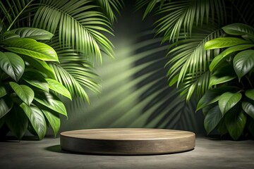 Obraz premium Wooden round on plant background for mocking up or display product to make advertising