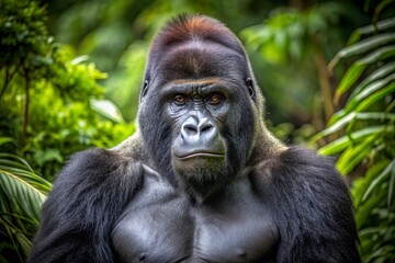 Majestic wild silverback gorilla with thick black fur and broad chest muscles stands proudly in the lush green rainforest, surrounded by dense foliage.