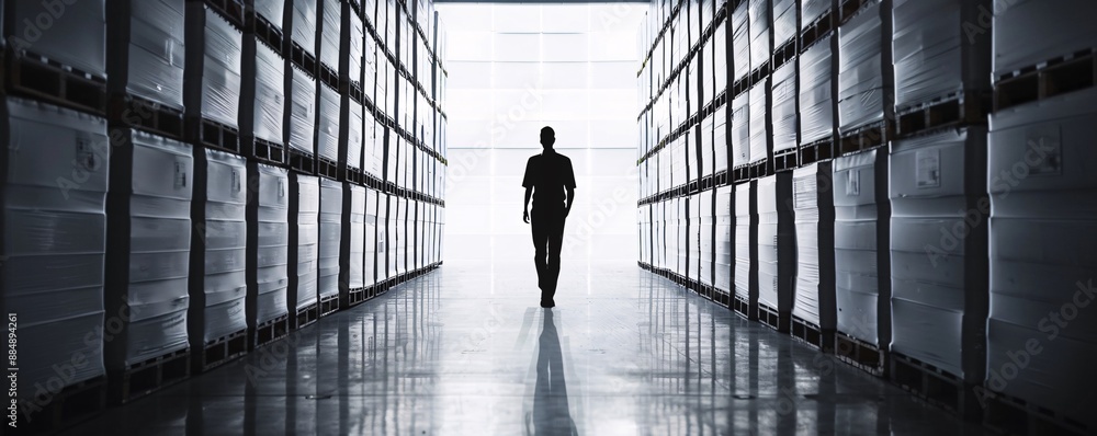 Aufkleber in a dimly lit warehouse, the silhouette of a manager walks between rows of cargo, creating a striki