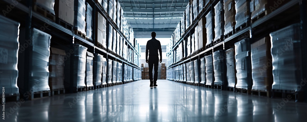 Poster in a dimly lit warehouse, the silhouette of a manager walks between rows of cargo, creating a striki
