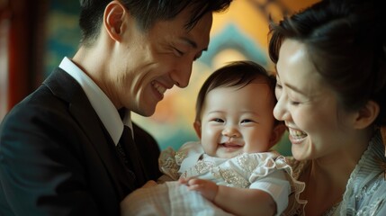 parents holding their newborn baby dressed in a christening gown. Family Celebrating After Christening

