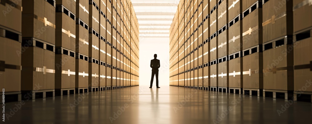Poster in a spacious storage facility, the silhouette of a manager stands next to a stack of cargo, creatin