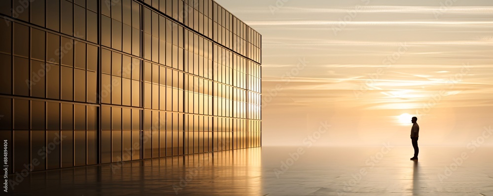 Poster in a spacious storage facility, the silhouette of a manager stands next to a stack of cargo, creatin