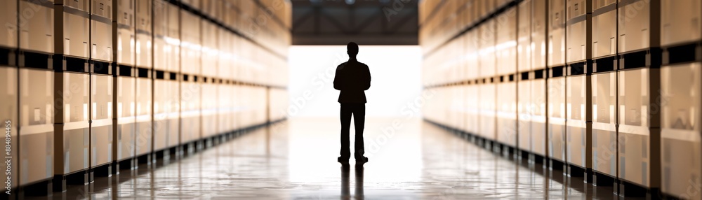 Poster a silhouette of a manager stands in the foreground, overlooking rows of stacked cargo in a vast ware