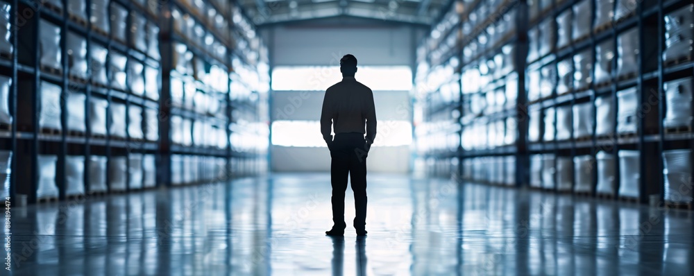 Poster the silhouette of a manager is captured in the foreground, with rows of cargo and storage units in t