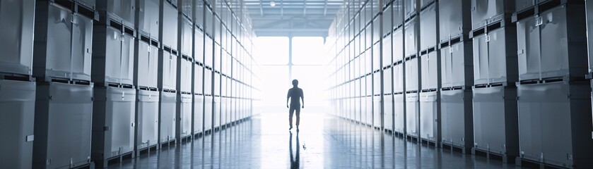 Fototapeta premium In a spacious storage facility, the silhouette of a manager is seen walking between towering stacks of cargo. The scene is backlit, creating a striking contrast and leaving plenty of copy space.