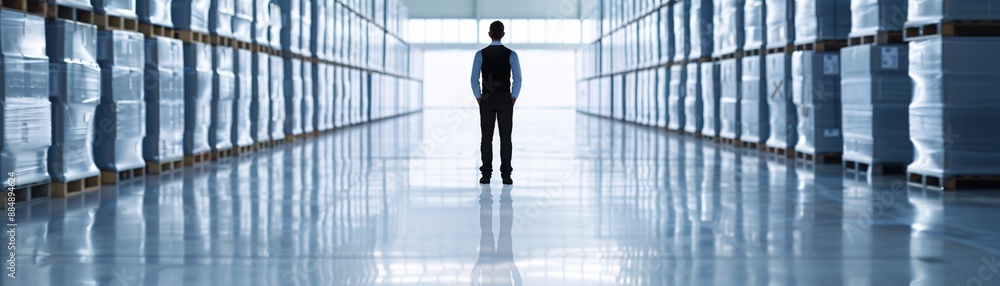 Poster a silhouette of a manager is captured in the foreground, with rows of neatly arranged cargo in the b