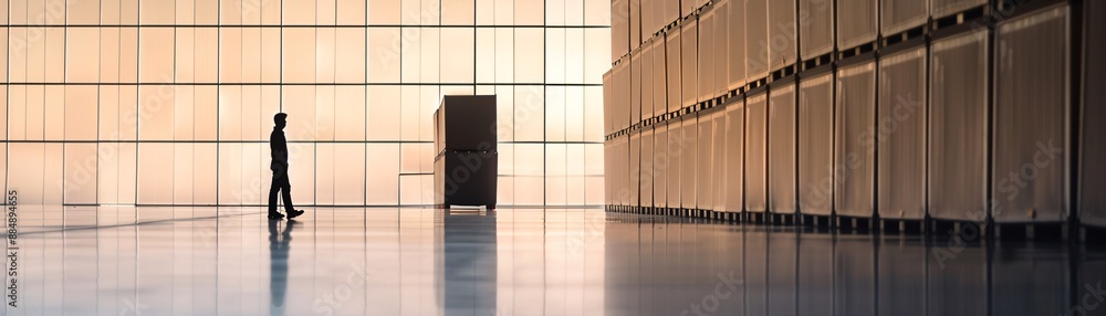 Poster in a dimly lit storage facility, the silhouette of a manager stands next to a stack of cargo, creati