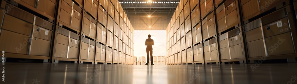 Poster in a dimly lit storage facility, the silhouette of a manager stands next to a stack of cargo, creati