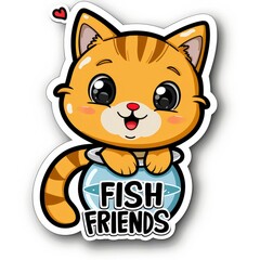  Adorable kitten with a fishbowl and text "FISH FRIENDS" sticker, cartoon, solid background, stickers