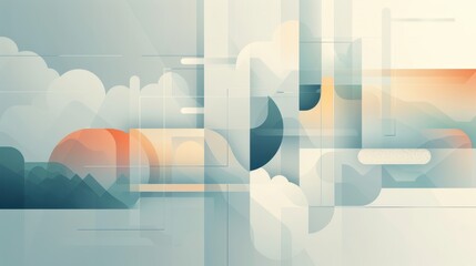 Abstract geometric landscape with soft blue and orange tones, featuring overlapping shapes and lines creating a modern and serene design.