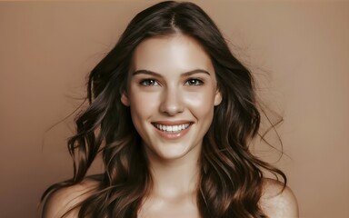 Portrait of young pale beautiful woman with perfect smooth long burnette hairs, smilling, teeth focus, Concept of natural beauty, cosmetology, cosmetics, skin care and plastic surgery, copy text spa	
