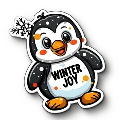  Adorable penguin with a snowflake and text "WINTER JOY" sticker, cartoon, solid background, stickers
