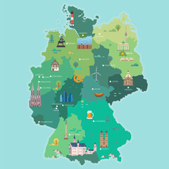 Stylized map of Germany. Travel illustration with German landmarks.
