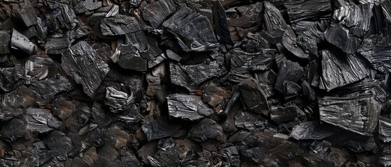 Panoramic close-up, high detail scan of burnt charcoal texture, Generative AI 