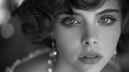An intimate portrait of a young woman in black and white emphasizes her delicate features and emotional depth.