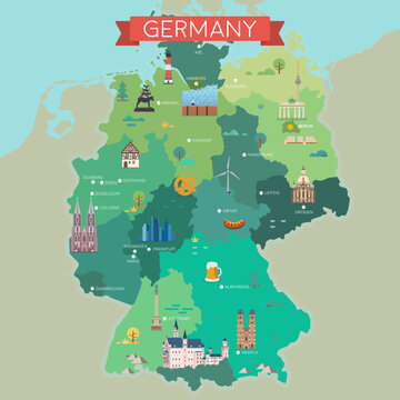 Stylized map of Germany. Travel illustration with German landmarks.