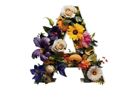 3d letter a with intricate flower elements, floral design in studio lighting, transparent PNG background for creative projects and elegant decor