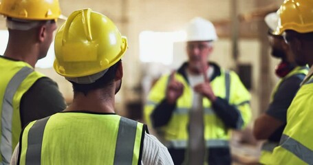 Construction team, question and safety check on site for compliance, accountability and ppe with helmet. People, meeting and worker inspection in building for regulation, management and protection
