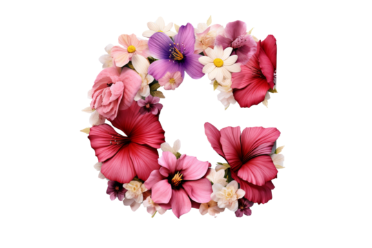 3d letter c with floral elements and flower design in studio lighting, PNG with transparent background
