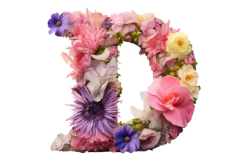 3d floral letter d with vibrant flower elements on  transparent PNG background - elegant studio lighting design for decorative alphabet and artistic typography projects
