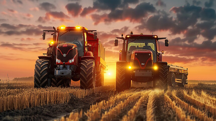 Obraz premium A red heavy truck and tractor working in the field at sunset