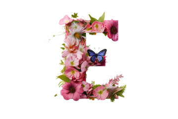 3d letter 'e' with intricate floral elements, detailed flower design, studio lighting, isolated on transparent PNG background