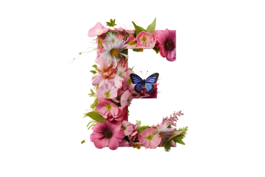 3d letter 'e' with intricate floral elements, detailed flower design, studio lighting, isolated on transparent PNG background - Powered by Adobe