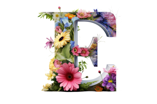 3d letter 'e' with intricate floral elements, detailed flower design, studio lighting, isolated on transparent PNG background - Powered by Adobe