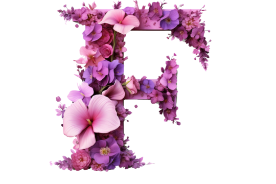 Letter “f” made of flower elements in 3d with studio lighting on transparent background, PNG format for creative design projects and floral-themed visuals
