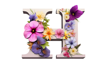 3d letter h with intricate flower elements, studio lighting, PNG transparent background