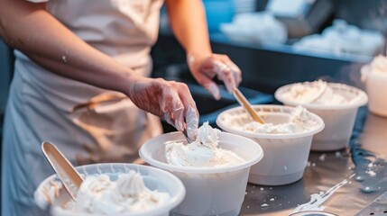 Woman Preparing Ice Cream on National Ice Cream Day Eco-Friendly, Minimal Packaging, Daytime Outdoor Market Setting