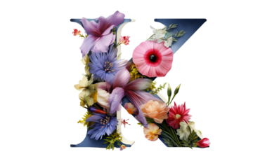 Letter 'k' made of flower elements with 3d floral design in studio lighting on transparent PNG background