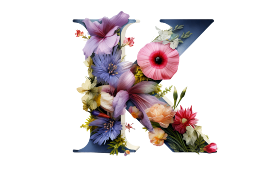 Letter 'k' made of flower elements with 3d floral design in studio lighting on transparent PNG background