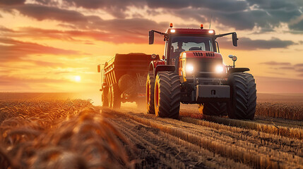 A red heavy truck and tractor working in the field at sunset