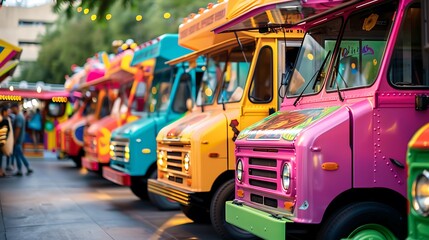 A line of themed food trucks at a vibrant city festival, selective focus on the closest truck