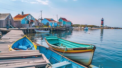Charming fishing village colorful boats docked at a pier quaint houses and a lighthouse in the distance with copy space and open space