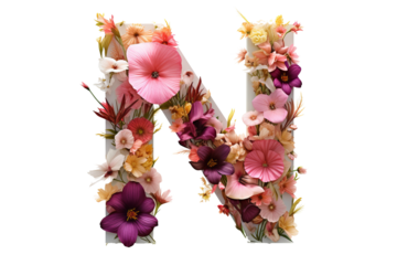 Letter "n" with 3d floral elements in studio lighting, PNG transparent background