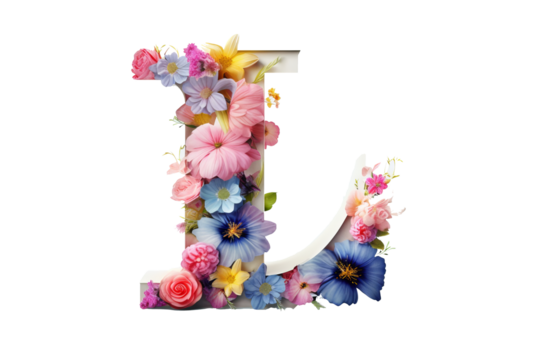 3d letter 'i' made of floral elements with studio lighting and PNG transparent background, perfect for elegant and artistic design projects, floral-themed invitations, and creative typography applicat